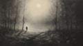 Dark And Moody Pencil Drawing Of A Wandering Figure In The Mist