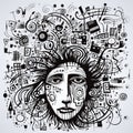 Psychedelic Black And White Illustration Of A Symbolic Face