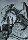 Black and white drawing, dragon on the background of the castle