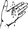 Black-white drawing. Drops of water fall on the hand. Cleanliness and hygiene. Royalty Free Stock Photo