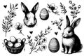 A black and white drawing of Easter rabbits and flowers Royalty Free Stock Photo