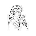 Black and white drawing of an elderly woman, a grandmother and a little girl, her granddaughter.