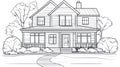 Black and White Line Drawing of a Suburban House with Porch and Pathway Royalty Free Stock Photo