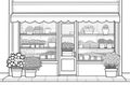 a black and white drawing of a flower shop with potted plants in front of it Royalty Free Stock Photo