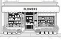 a black and white drawing of a flower shop with potted plants in front of it Royalty Free Stock Photo