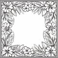 a black and white drawing of flowers and leaves in a square frame Royalty Free Stock Photo