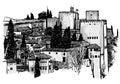 Black and white drawing of Granada in Spain