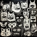A black and white drawing of a group of cats. Generative AI image.
