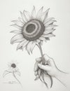 Black and White Drawing of Hand Holding Sunflower Royalty Free Stock Photo