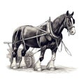 a black and white drawing of a horse pulling a wagon with a man in it on a white background with a white background behind it