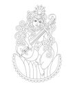 Black and white drawing of indian hindu goddess Saraswati