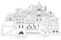 Black and white drawing of the Italian village Vernazza isolated on a white background.