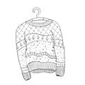 Black and white drawing of a knitted sweater on a hanger