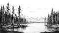 Romantic Black And White Mountain Sketch With Pine Trees