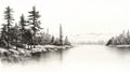 Elegant Black And White Sketch Of Pine Trees By The Lake Royalty Free Stock Photo