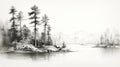 Scenic Ink Illustration: Black And White Sketch Of Pine Trees By The Water Royalty Free Stock Photo