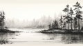 Black And White Sketch Of Pine Trees Along Water Royalty Free Stock Photo