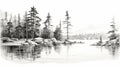 Hyperrealistic Black And White Ink Wash Drawing Of Pine Trees On A Lake Royalty Free Stock Photo