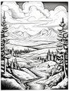 A Black And White Drawing Of A Landscape With Trees And Mountains, Mammoth Mountain California Royalty Free Stock Photo