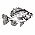 Realistic Black And White Fish Illustration With Whiplash Line And Heavy Outlines