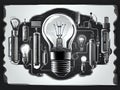 black and white drawing of a light bulb