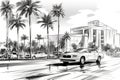 Black and white drawing of Miami. Retro car near a building with palm trees. Illustration for print Royalty Free Stock Photo