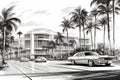 Black and white drawing of Miami. Retro car near a building with palm trees. Illustration for print Royalty Free Stock Photo