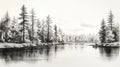 Hyperrealistic Black And White Sketch: Pine Trees By The Water Royalty Free Stock Photo
