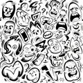 A black and white drawing of multiple cartoon faces. Suitable for various design projects Royalty Free Stock Photo