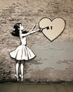 Black and white drawing on old brick plastered wall, girl with lock key on heart