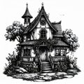 Black And White Drawing Of An Old Gothic Cottage Royalty Free Stock Photo