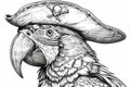 A black and white drawing of a parrot wearing a pirate hat, coloring book for kids.