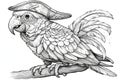 A black and white drawing of a parrot wearing a pirate hat, coloring book for kids.