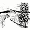 A Black And White Drawing Of A Path Through The Countryside With A Vineyard And Flowers Royalty Free Stock Photo