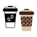 Black and white drawing and patterned disposable coffee cups with coffee grains. Logo. Icon. Sticker Royalty Free Stock Photo