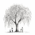 Delicate Black And White Watercolor Illustration Of Children On A Weeping Willow Tree