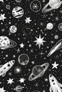 Black and white drawing of planets and stars. Suitable for educational materials Royalty Free Stock Photo