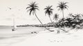 Romantic Black And White Beach Drawing With Palm Trees