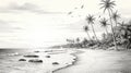 Romantic Illustration: Detailed Pencil Drawing Of Beach With Palm Trees And Rocks