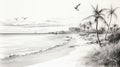 Romantic Black And White Beach Drawing With Palm Trees And Seagulls