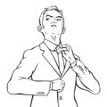 Black and white drawing of a proud young businessman.
