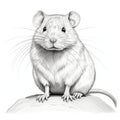 Detailed Black And White Rat Drawing With Contoured Shading