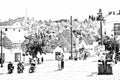 Black and white drawing representing the main square of Alberobello in Puglia and in the background the trulli, the typical houses