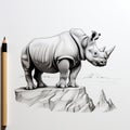 Detailed Rhino Pencil Sketch On Rock - Editorial Illustration Style