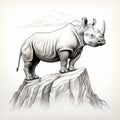 Rhino Stand Out On Rock Graphite Realism Vector Illustration