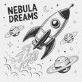 A black and white drawing of a rocket with surrounded by planets and stars Royalty Free Stock Photo