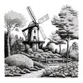 Black and white drawing of a rural landscape. Windmill and trees on a white background. For your logo or sticker design Royalty Free Stock Photo