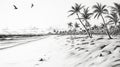 Black And White Beach Drawing: Realistic Figurative Art With Palm Trees And Seagulls