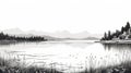High Detail Black And White Lake Landscape Illustration Royalty Free Stock Photo