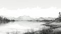 Lake And Mountain Landscape Sketch: Black And White Grayscale Pencil Art
